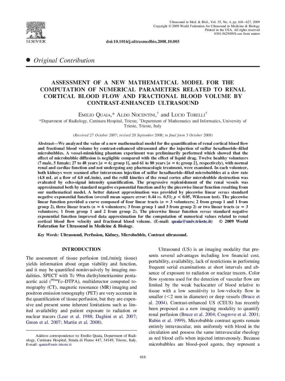 Assessment of a New Mathematical Model for the Computation of Numerical Parameters Related to Renal Cortical Blood Flow and Fractional Blood Volume by Contrast-Enhanced Ultrasound