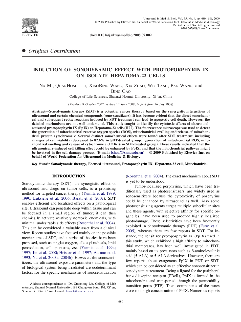 Induction of Sonodynamic Effect with Protoporphyrin IX on Isolate Hepatoma-22 Cells