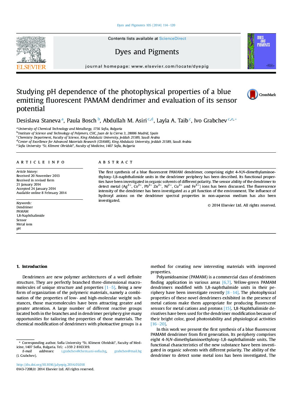 Studying pH dependence of the photophysical properties of a blue emitting fluorescent PAMAM dendrimer and evaluation of its sensor potential