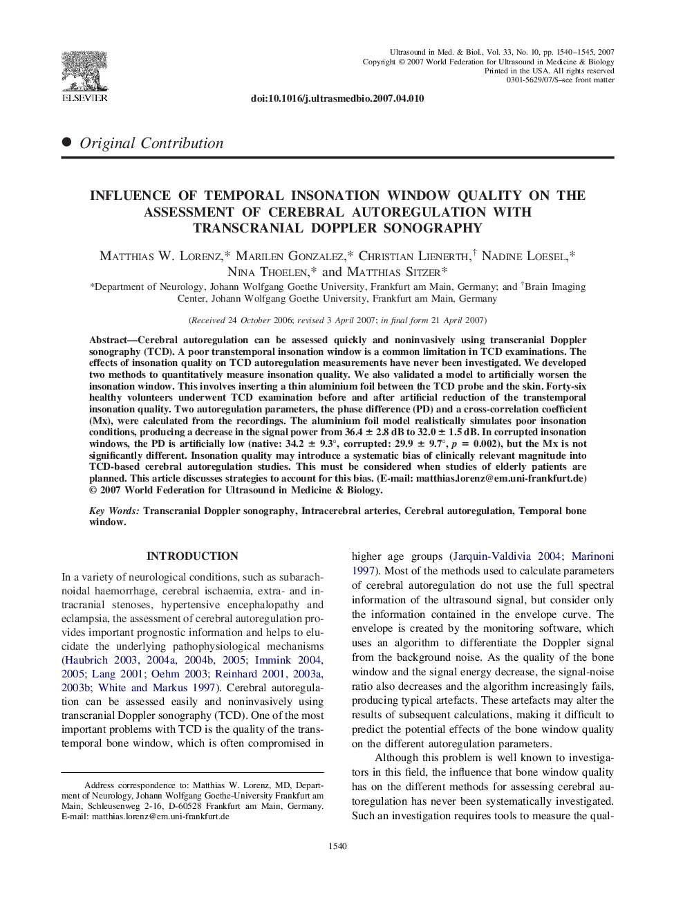 Influence of Temporal Insonation Window Quality on the Assessment of Cerebral Autoregulation with Transcranial Doppler Sonography