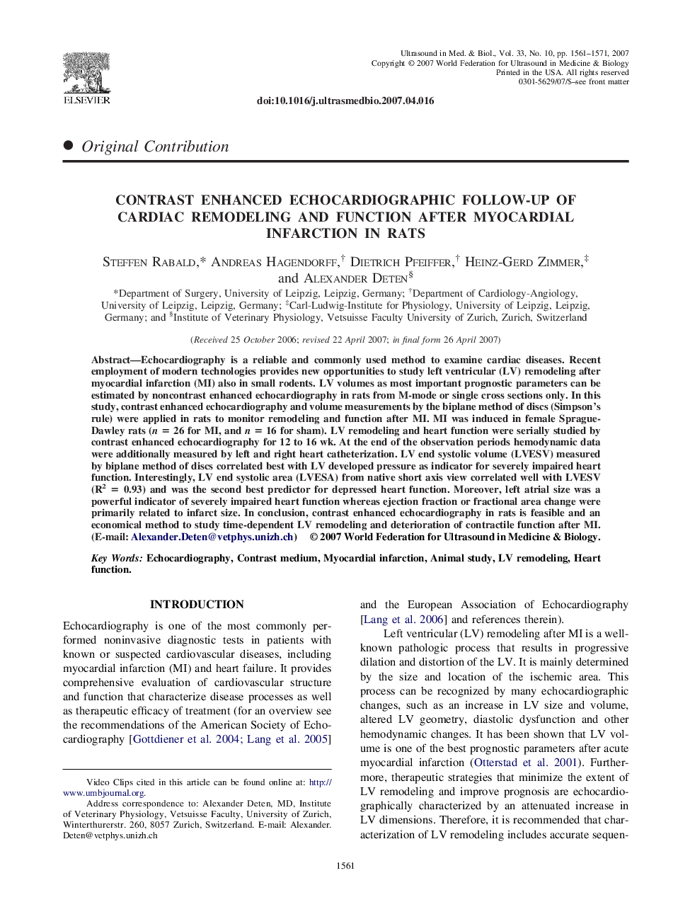 Contrast Enhanced Echocardiographic Follow-up of Cardiac Remodeling and Function after Myocardial Infarction in Rats