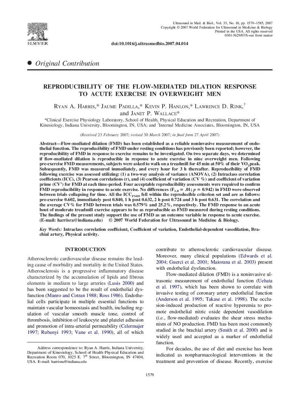 Reproducibility of the Flow-Mediated Dilation Response to Acute Exercise in Overweight Men