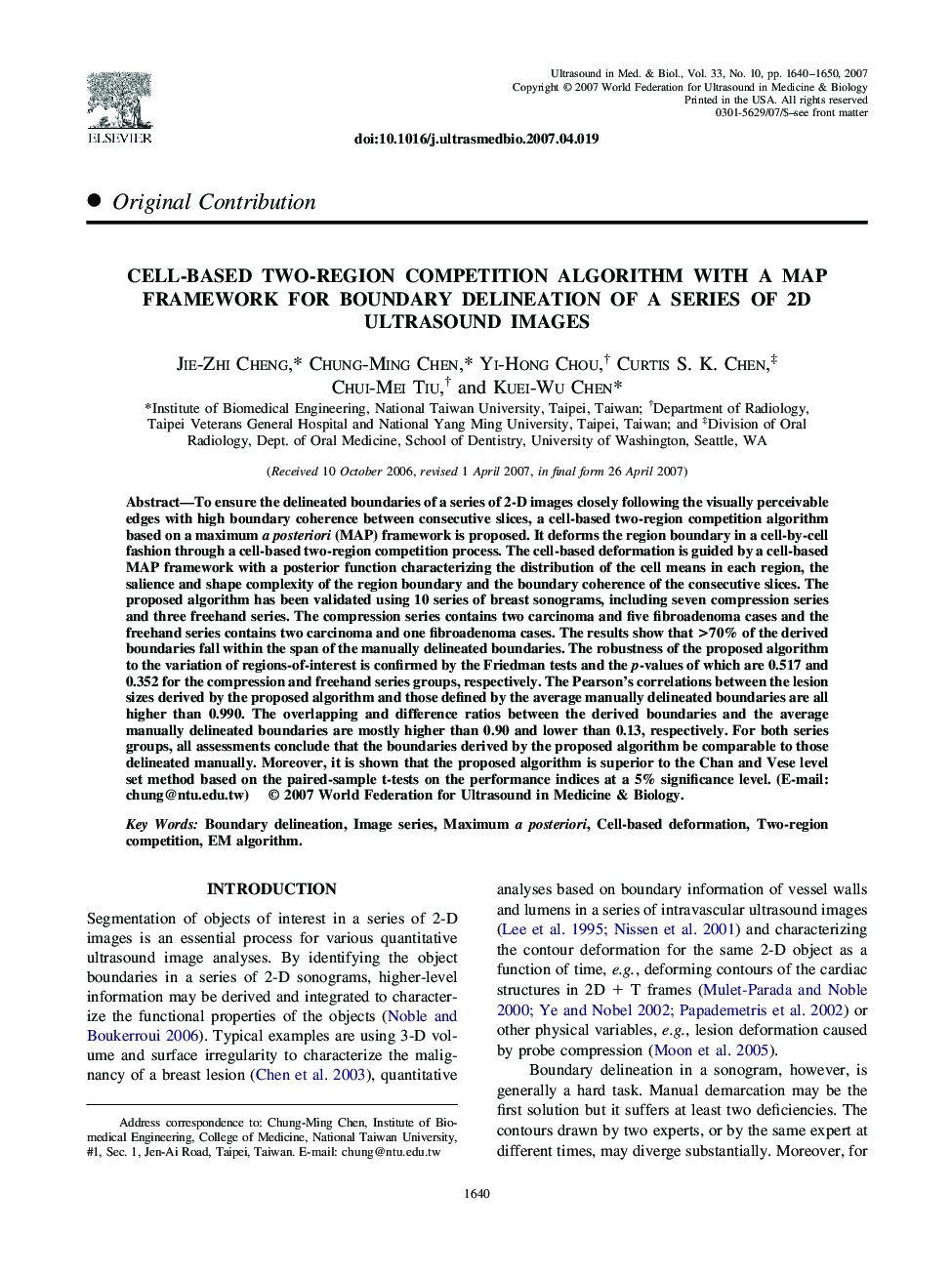 Cell-Based Two-Region Competition Algorithm with a Map Framework for Boundary Delineation of a Series of 2D Ultrasound Images