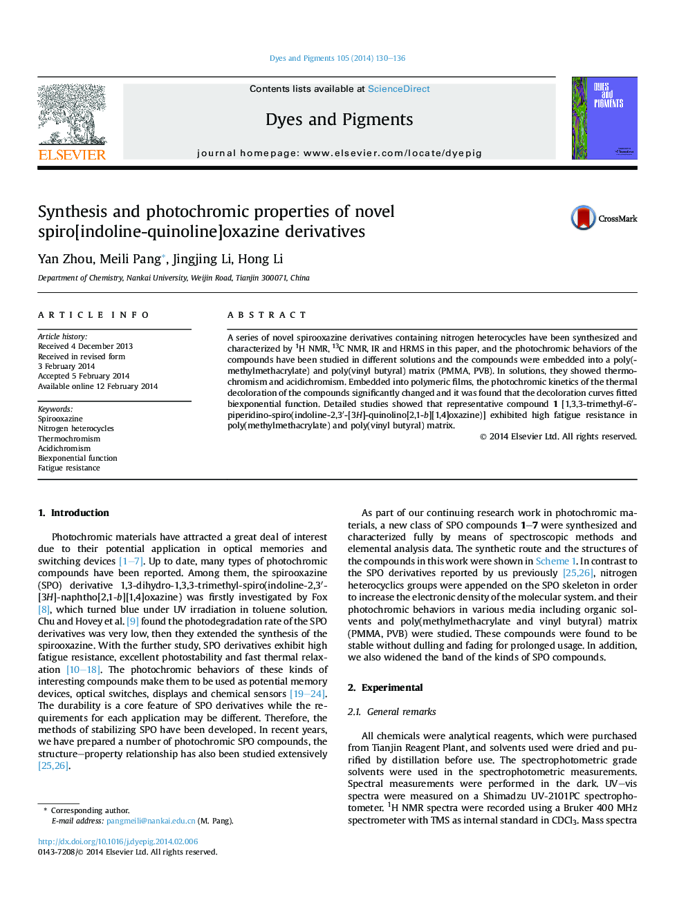 Synthesis and photochromic properties of novel spiro[indoline-quinoline]oxazine derivatives