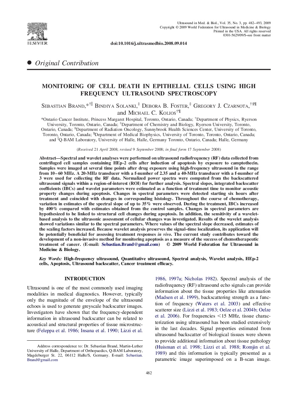 Monitoring of Cell Death in Epithelial Cells Using High Frequency Ultrasound Spectroscopy