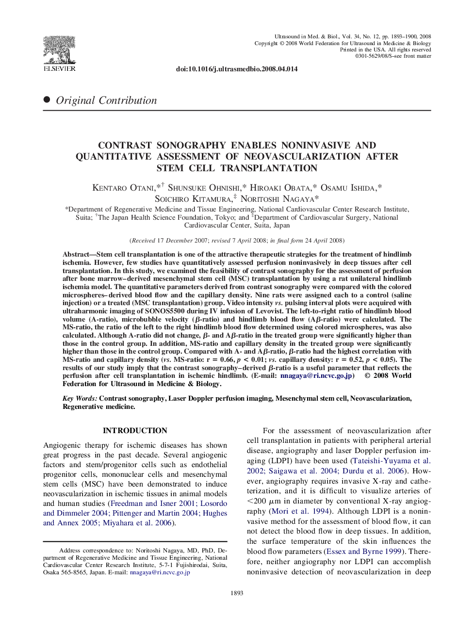 Contrast Sonography Enables Noninvasive and Quantitative Assessment of Neovascularization After Stem Cell Transplantation