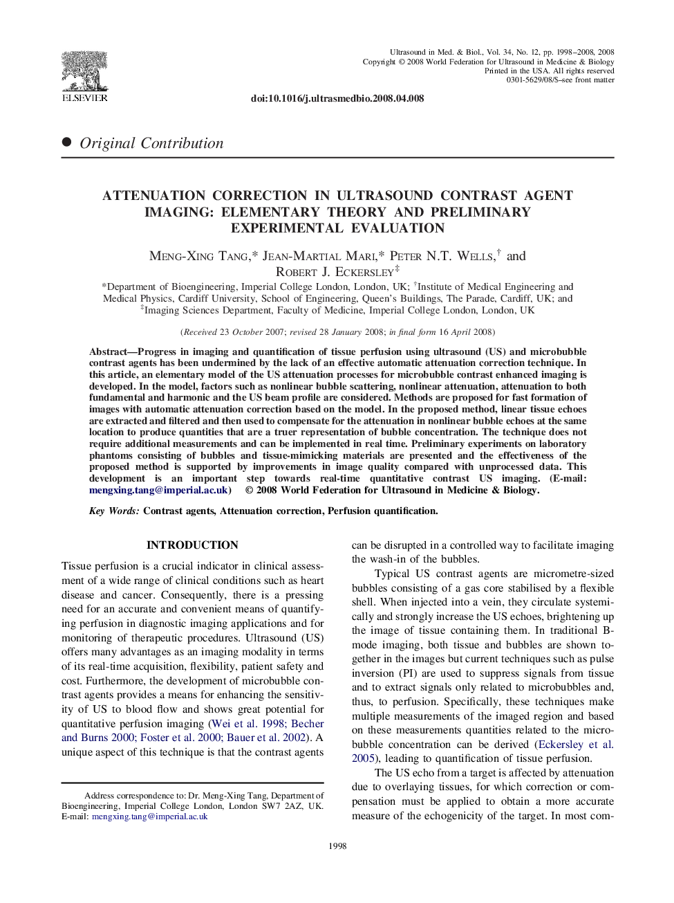 Attenuation Correction in Ultrasound Contrast Agent Imaging: Elementary Theory and Preliminary Experimental Evaluation