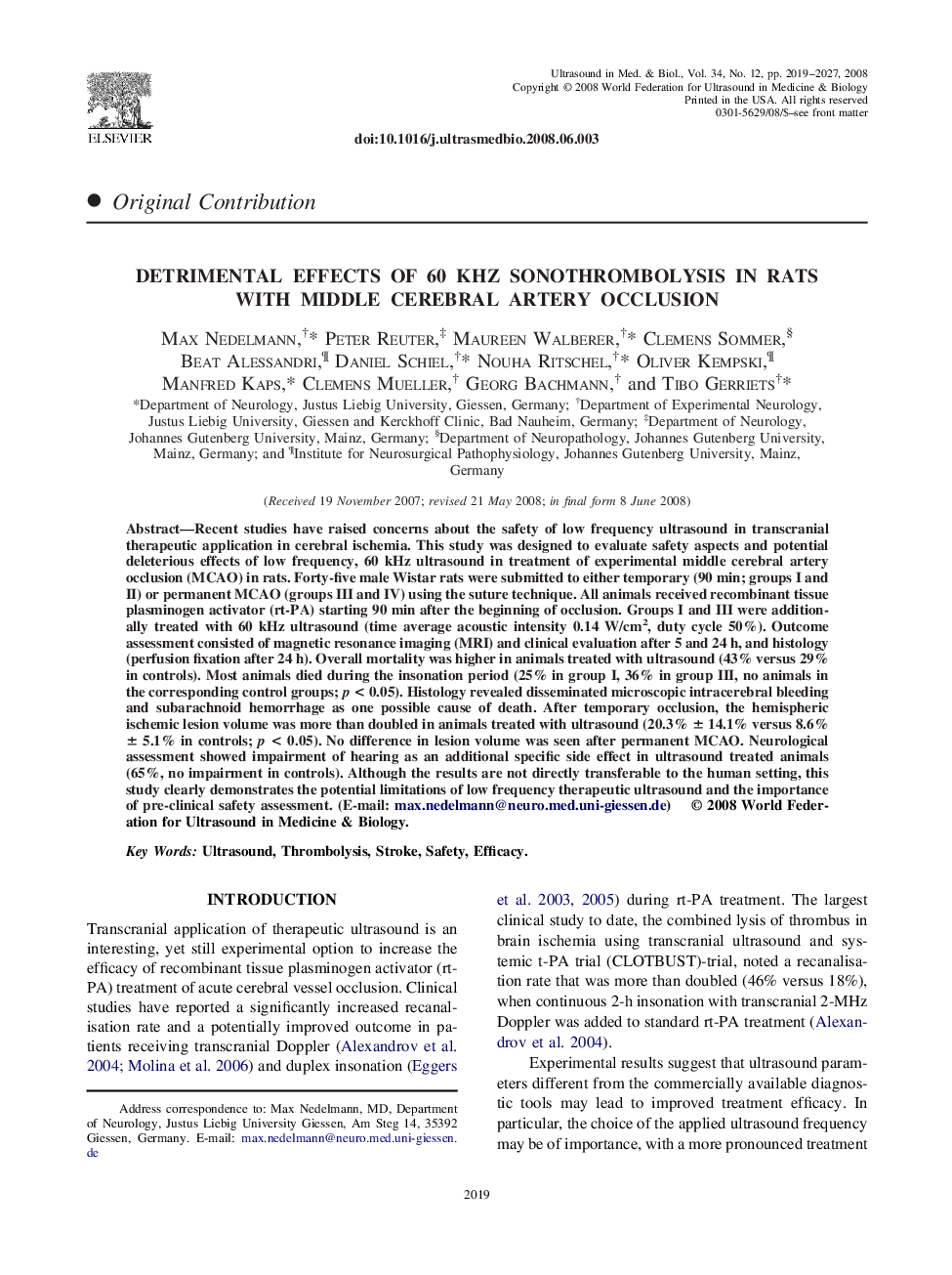 Detrimental Effects of 60 kHz Sonothrombolysis in Rats with Middle Cerebral Artery Occlusion