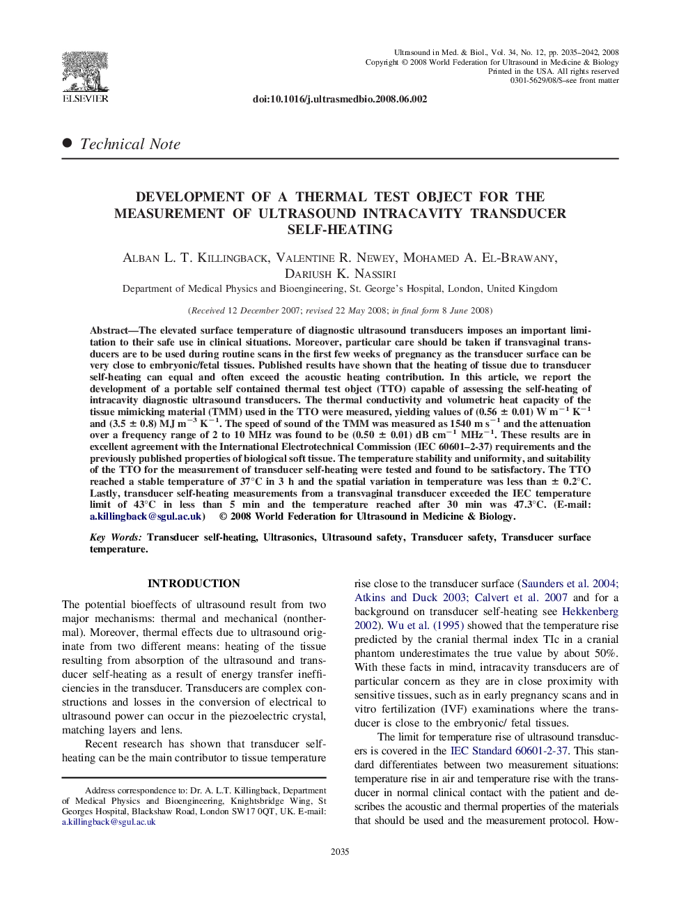 Development of a Thermal Test Object for the Measurement of Ultrasound Intracavity Transducer Self-Heating