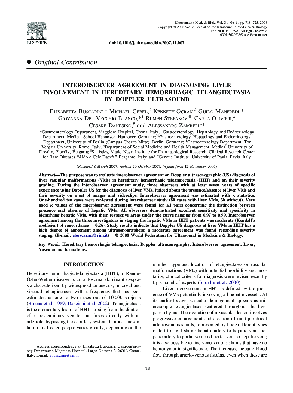 Interobserver Agreement in Diagnosing Liver Involvement in Hereditary Hemorrhagic Telangiectasia by Doppler Ultrasound