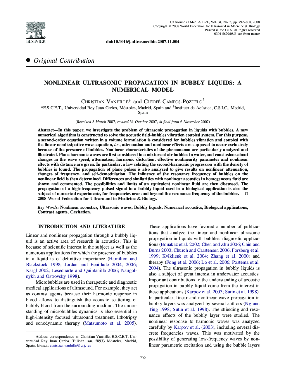 Nonlinear Ultrasonic Propagation in Bubbly Liquids: A Numerical Model