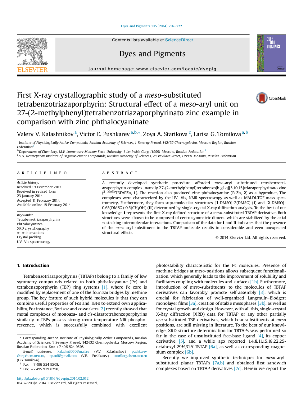 First X-ray crystallographic study of a meso-substituted tetrabenzotriazaporphyrin: Structural effect of a meso-aryl unit on 27-(2-methylphenyl)tetrabenzotriazaporphyrinato zinc example in comparison with zinc phthalocyaninate