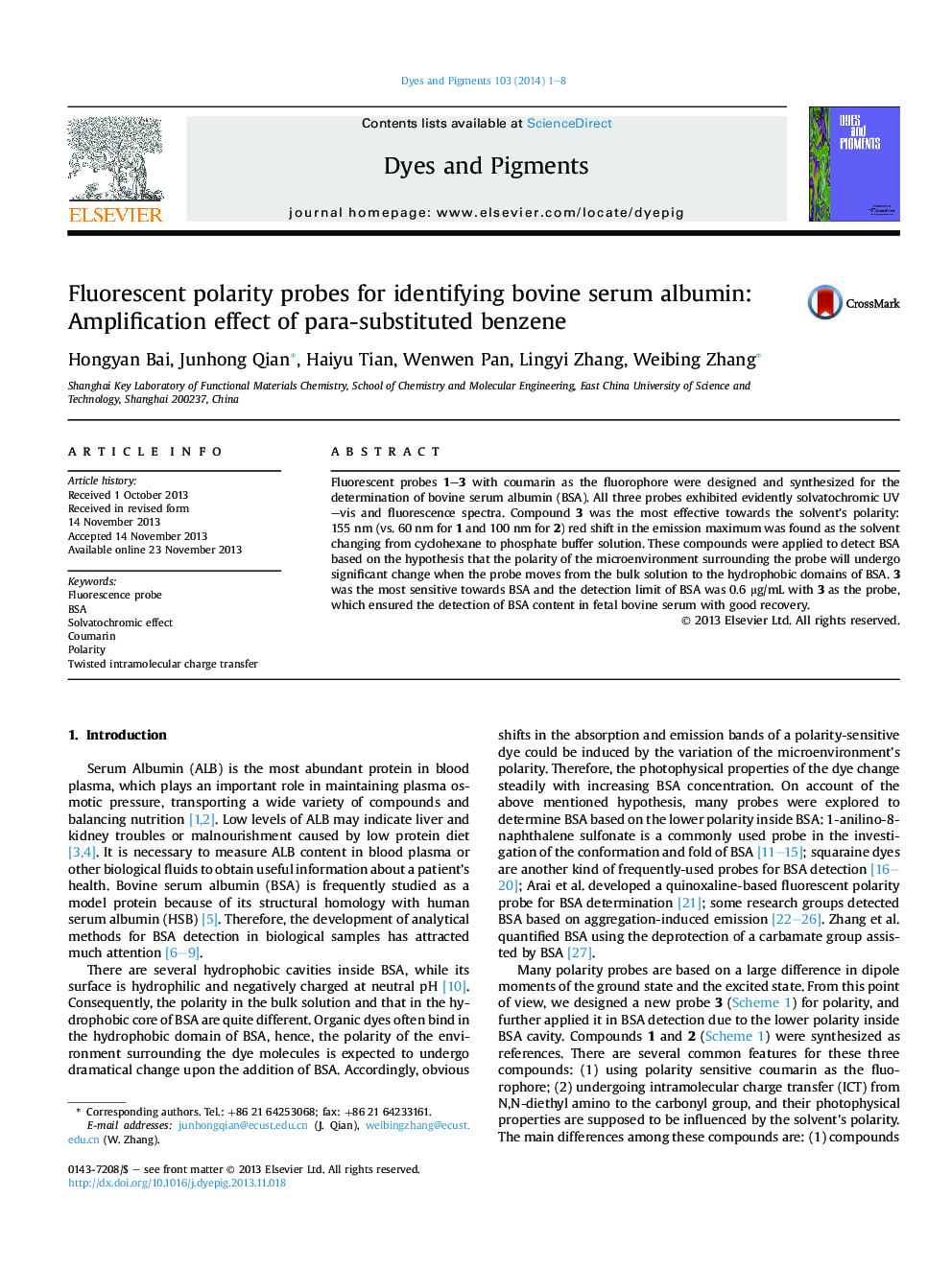 Fluorescent polarity probes for identifying bovine serum albumin: Amplification effect of para-substituted benzene