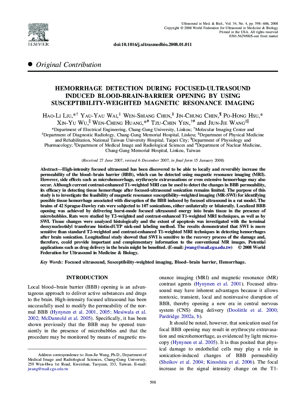 Hemorrhage Detection During Focused-Ultrasound Induced Blood-Brain-Barrier Opening by Using Susceptibility-Weighted Magnetic Resonance Imaging