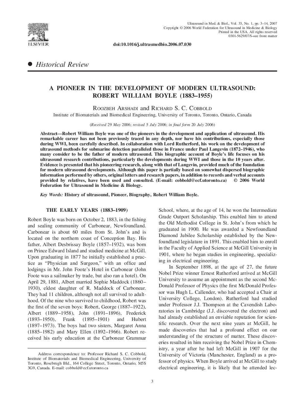 A pioneer in the development of modern ultrasound: Robert William Boyle (1883-1955)