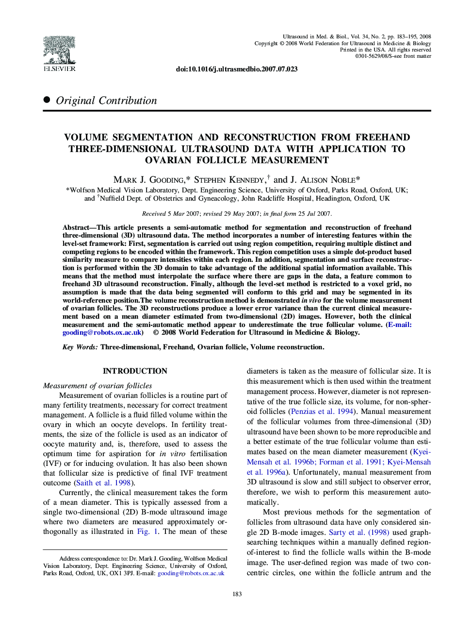 Volume Segmentation and Reconstruction from Freehand Three-Dimensional Ultrasound Data with Application to Ovarian Follicle Measurement