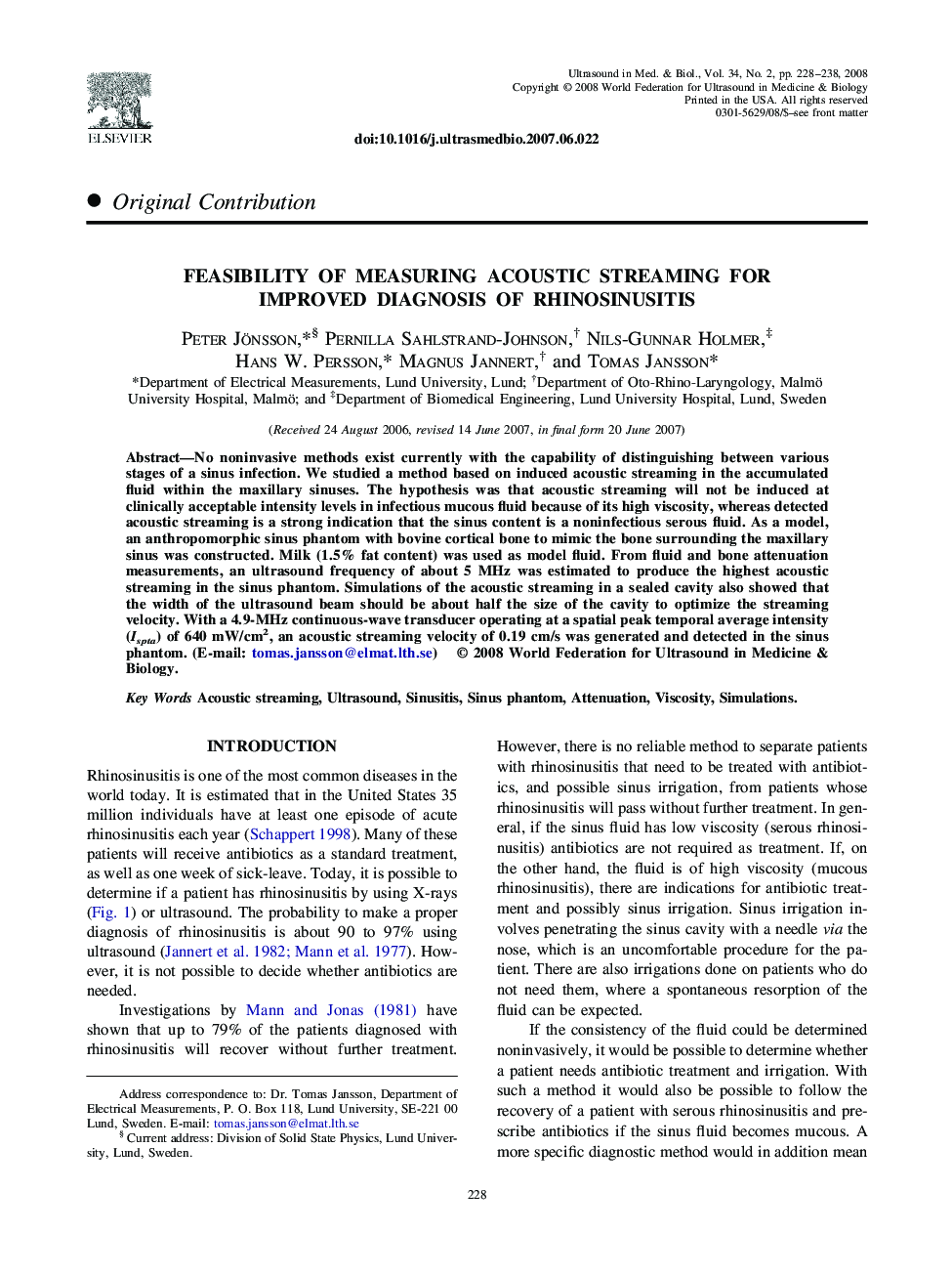 Feasibility of Measuring Acoustic Streaming for Improved Diagnosis of Rhinosinusitis