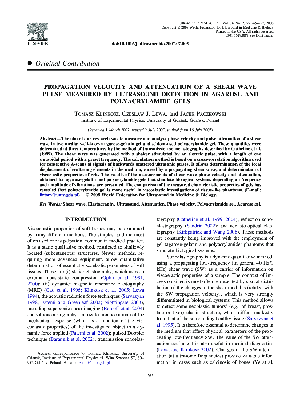 Propagation Velocity and Attenuation of a Shear Wave Pulse Measured by Ultrasound Detection in Agarose and Polyacrylamide Gels