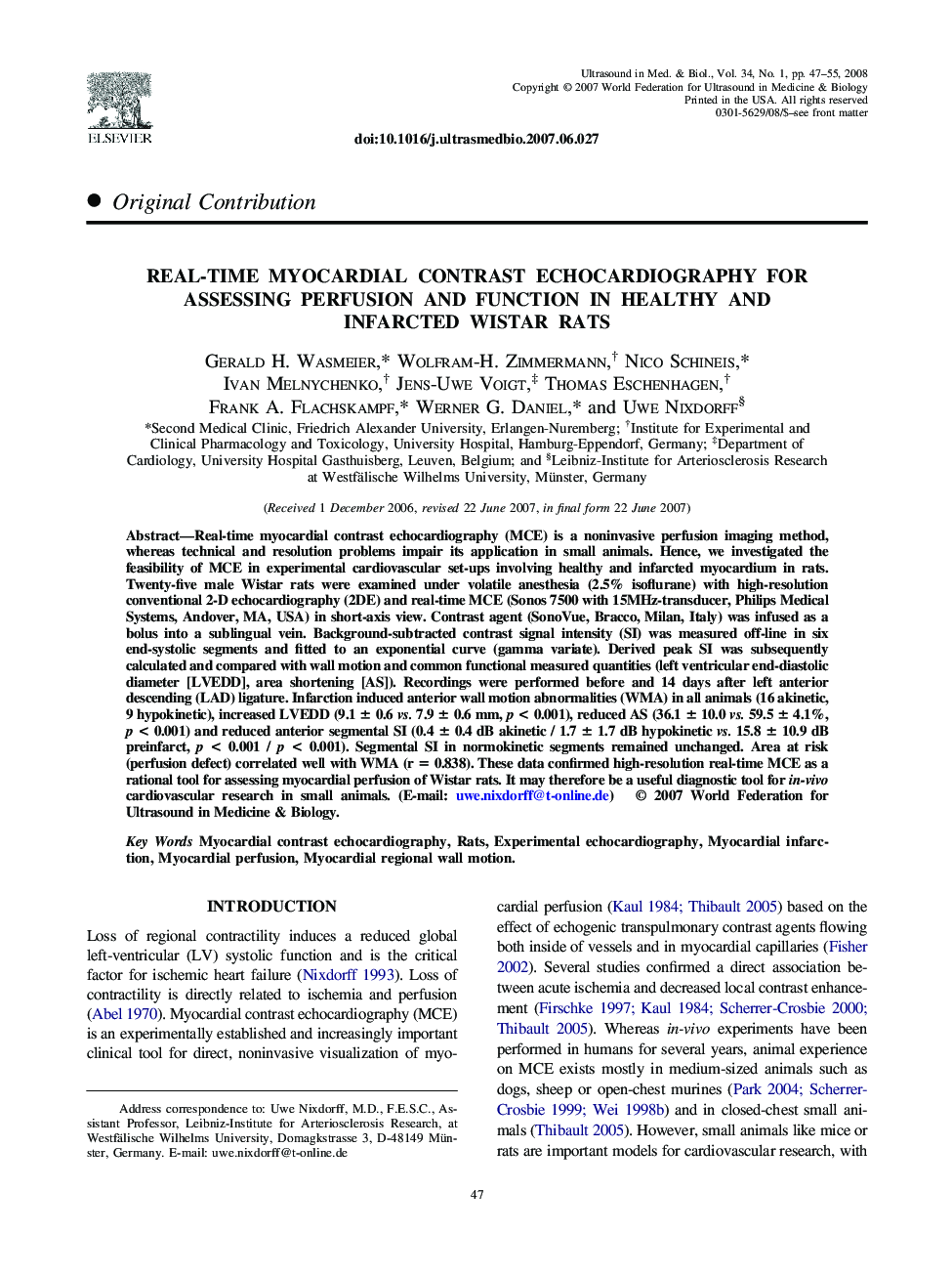 Real-Time Myocardial Contrast Echocardiography for Assessing Perfusion and Function in Healthy and Infarcted Wistar Rats