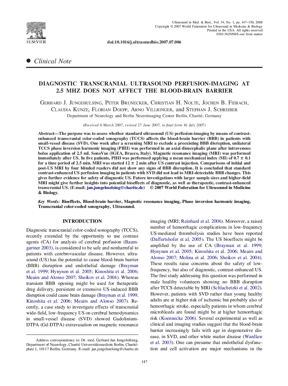 Diagnostic Transcranial Ultrasound Perfusion-Imaging at 2.5 MHz Does Not Affect the Blood-Brain Barrier