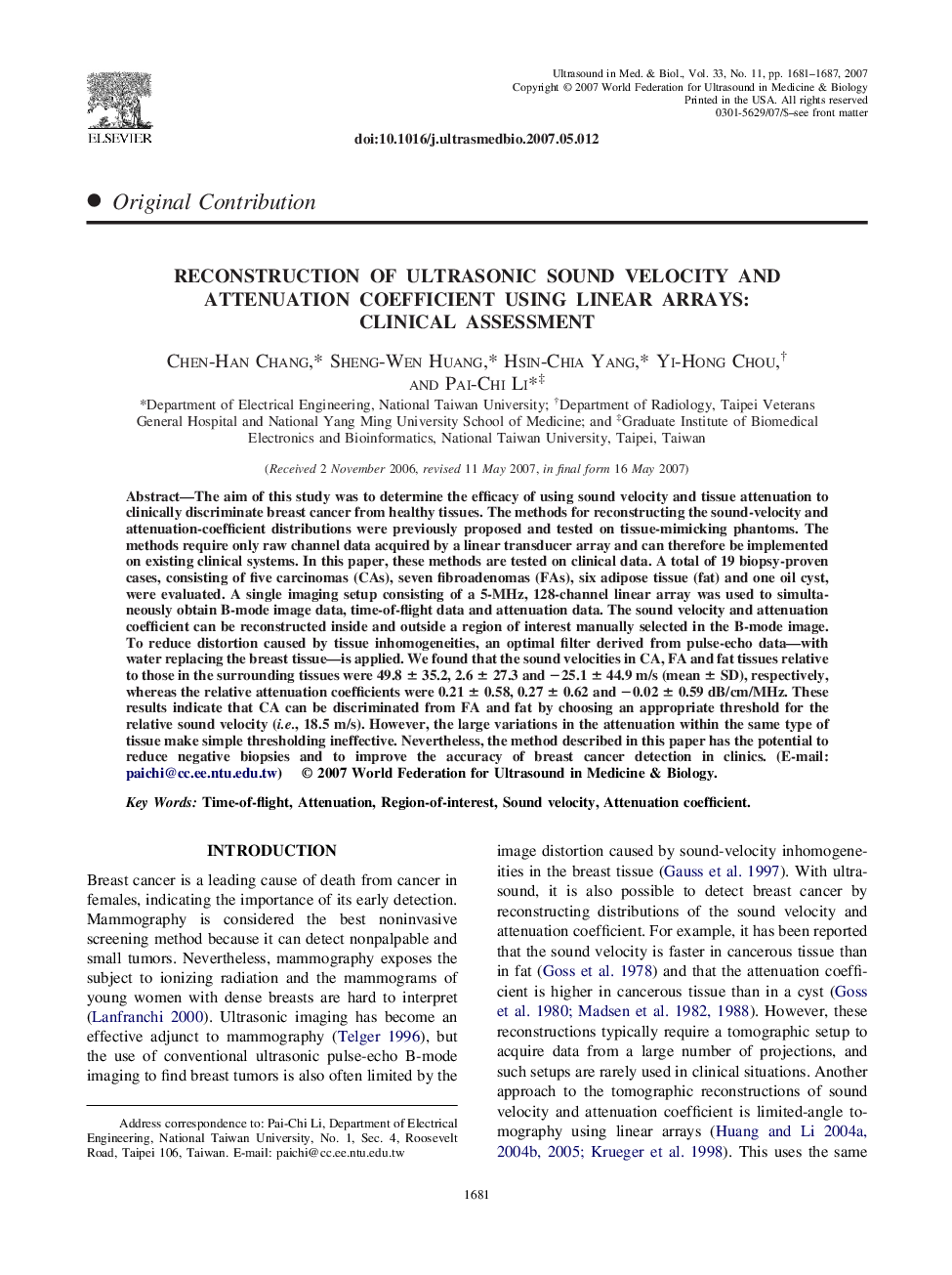 Reconstruction of Ultrasonic Sound Velocity and Attenuation Coefficient Using Linear Arrays: Clinical Assessment