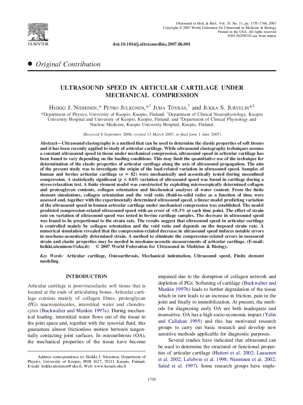 Ultrasound Speed in Articular Cartilage Under Mechanical Compression