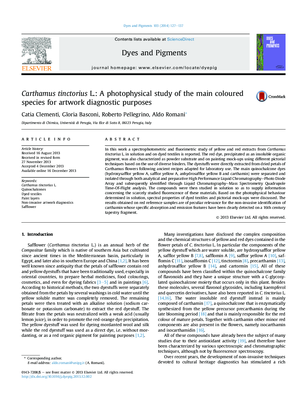 Carthamus tinctorius L.: A photophysical study of the main coloured species for artwork diagnostic purposes