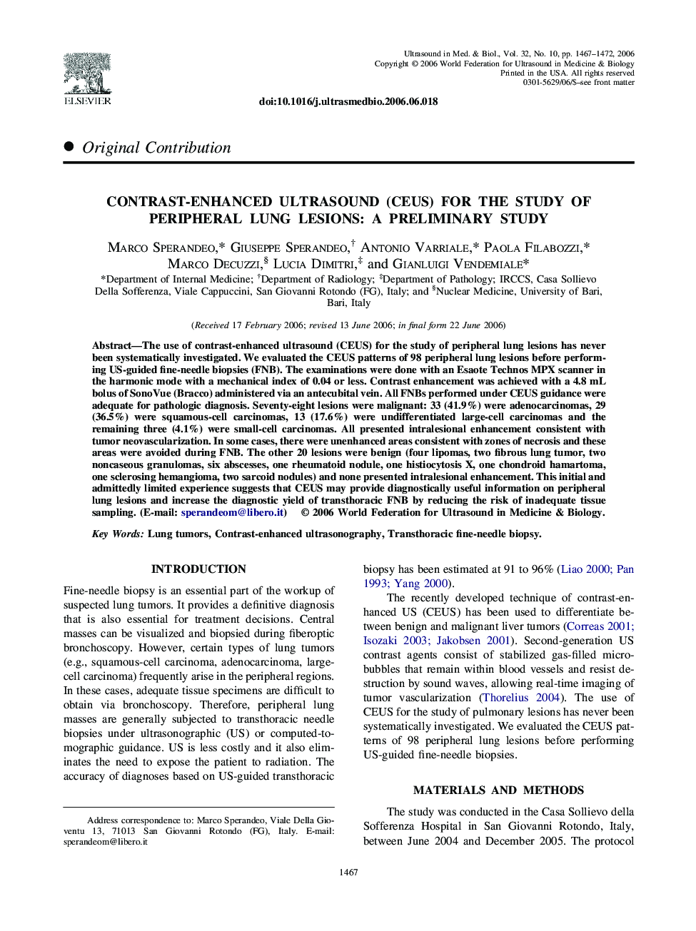 Contrast-enhanced ultrasound (CEUS) for the study of peripheral lung lesions: A preliminary study