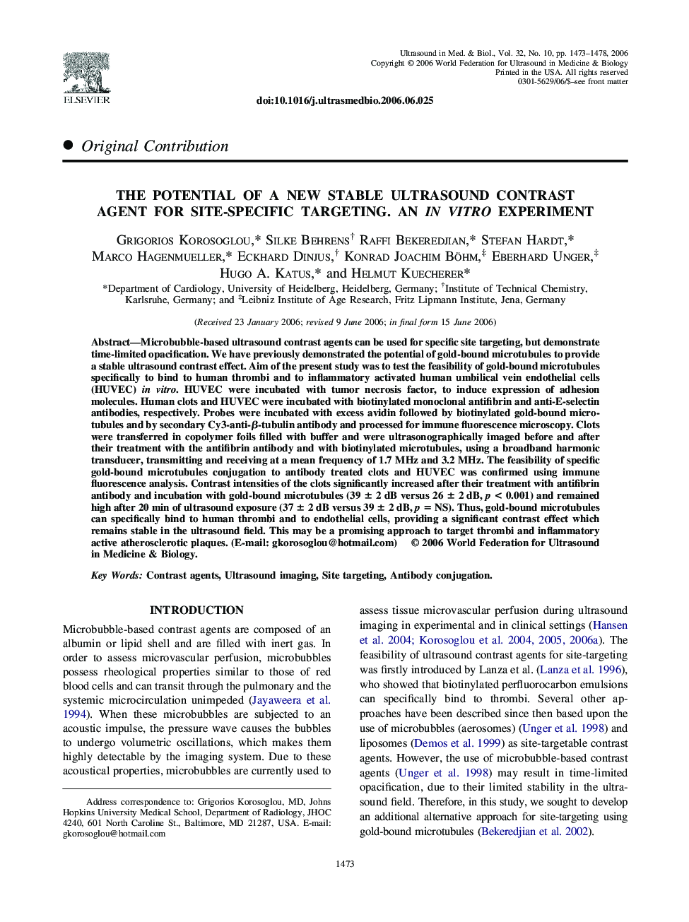 The potential of a new stable ultrasound contrast agent for site-specific targeting. An in vitro experiment