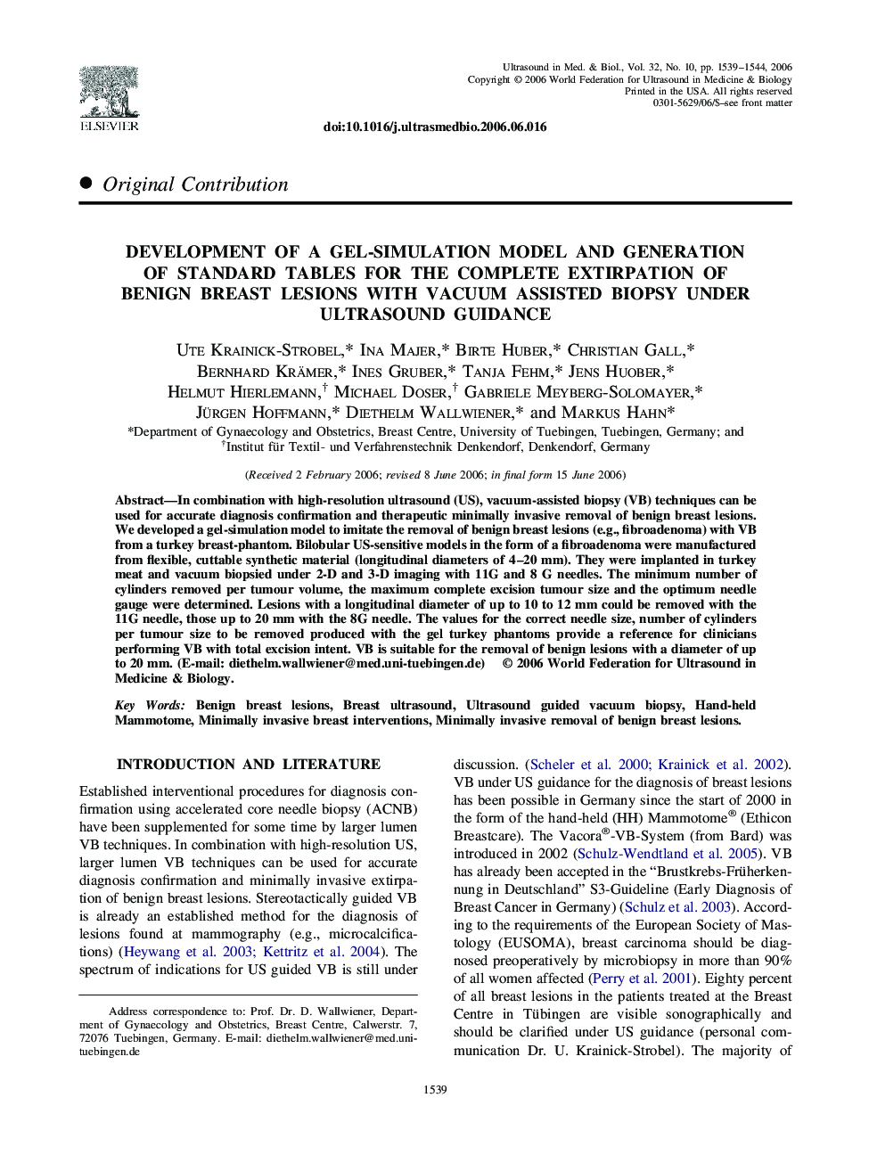 Development of a gel-simulation model and generation of standard tables for the complete extirpation of benign breast lesions with vacuum assisted biopsy under ultrasound guidance