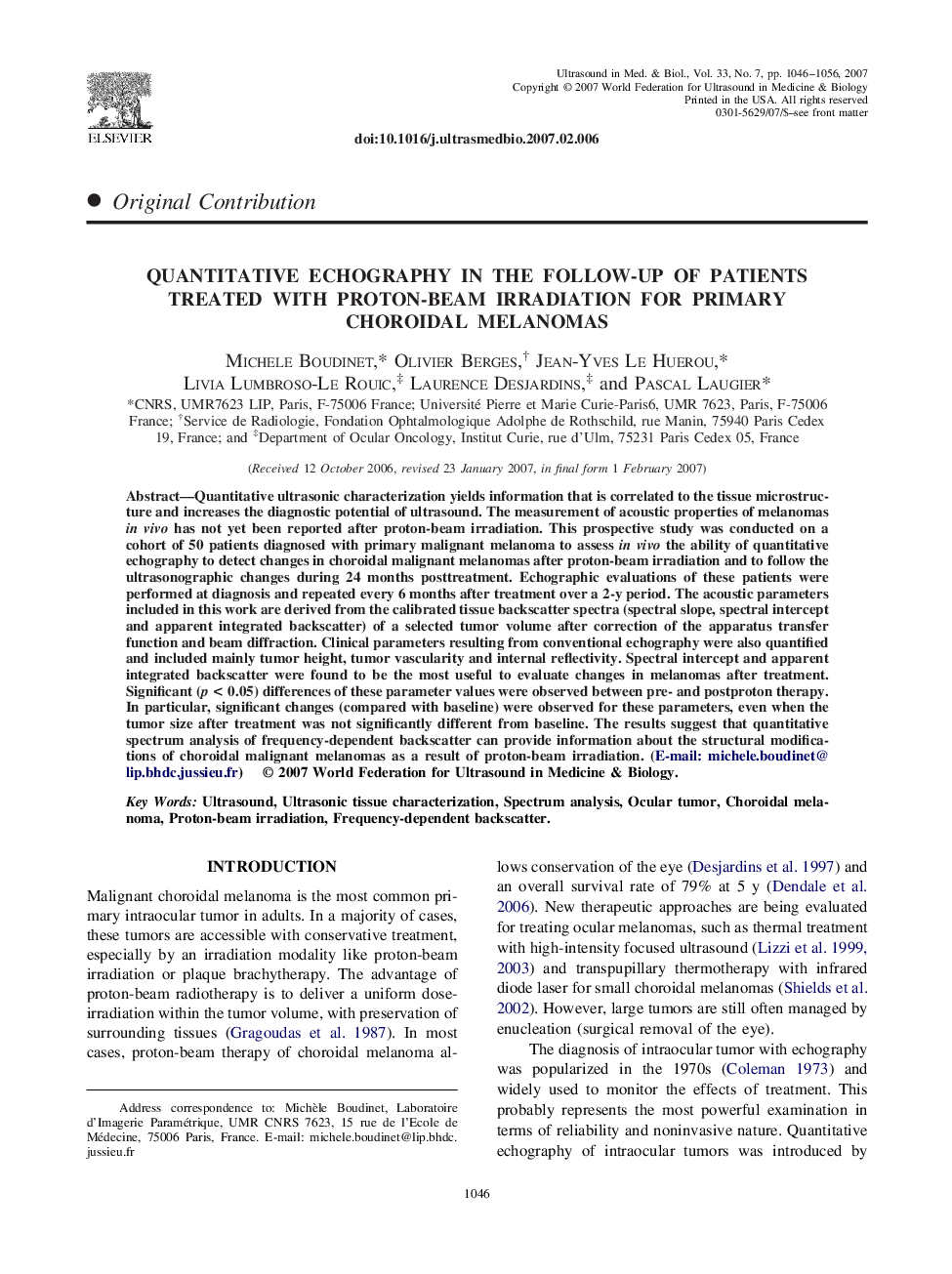 Quantitative Echography in the Follow-Up of Patients Treated with Proton-Beam Irradiation for Primary Choroidal Melanomas