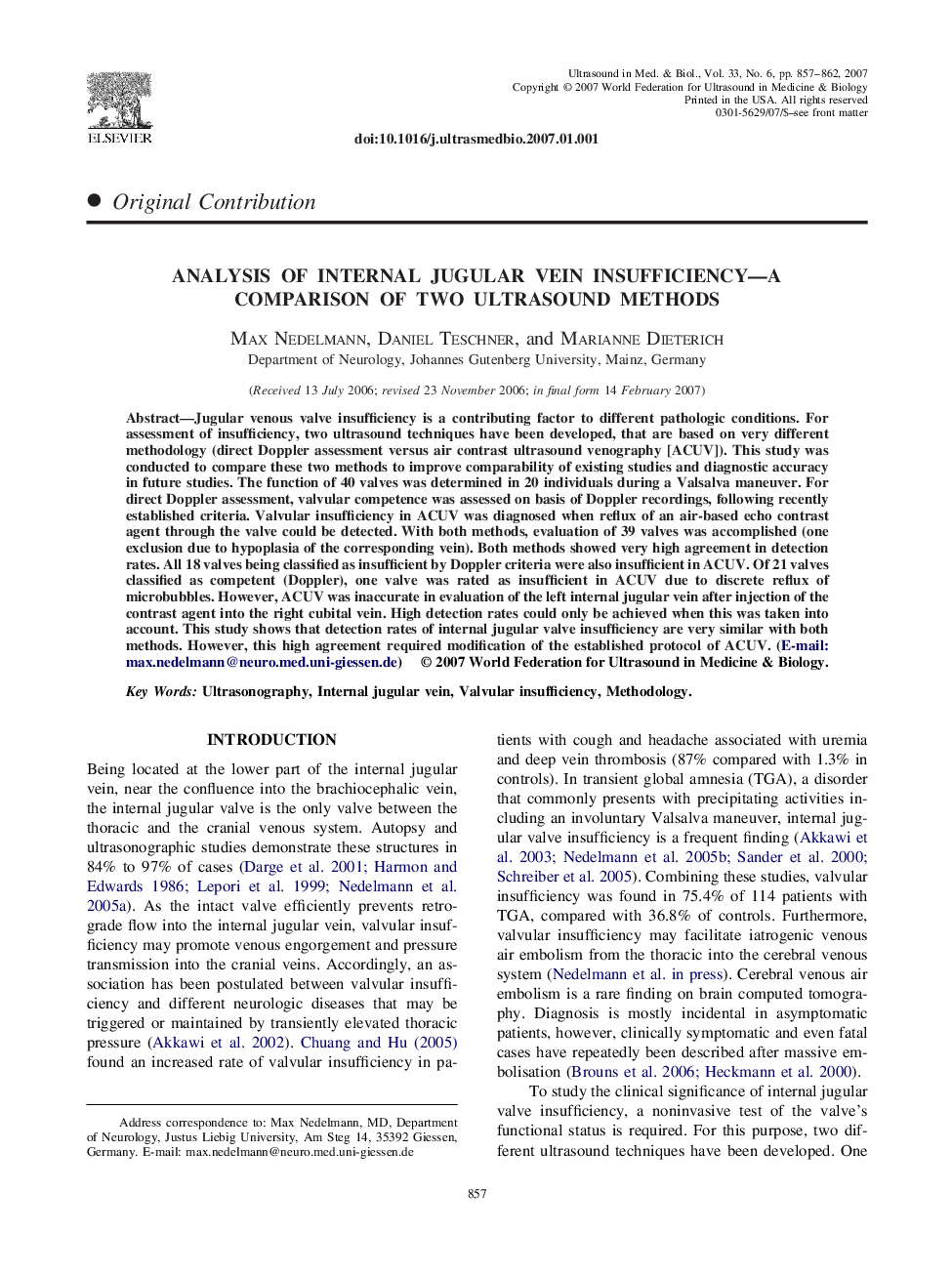 Analysis of Internal Jugular Vein Insufficiency-A Comparison of Two Ultrasound Methods