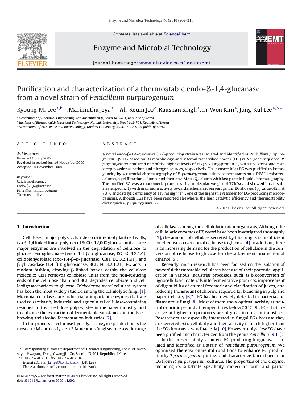 Purification and characterization of a thermostable endo-β-1,4-glucanase from a novel strain of Penicillium purpurogenum