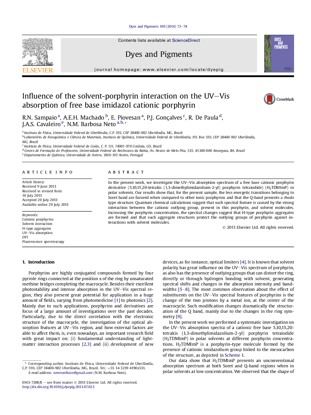 Influence of the solvent-porphyrin interaction on the UV–Vis absorption of free base imidazol cationic porphyrin