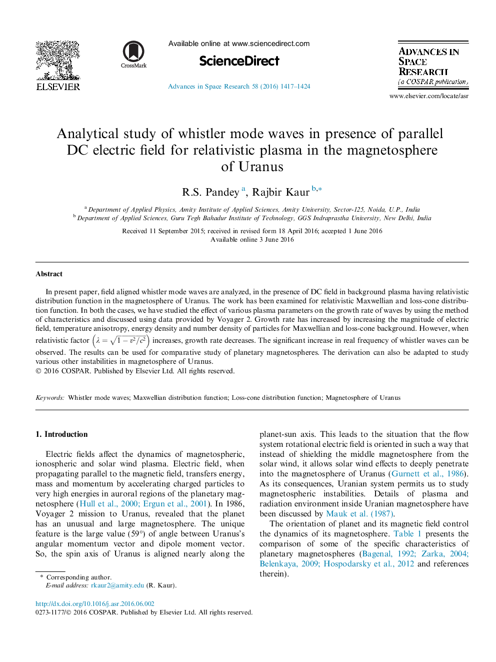 بررسی تحلیلی امواج حالت ویسلر در حضور میدان الکتریکی موازی DC پلاسما نسبیتی در مگنتوسفر اورانوس