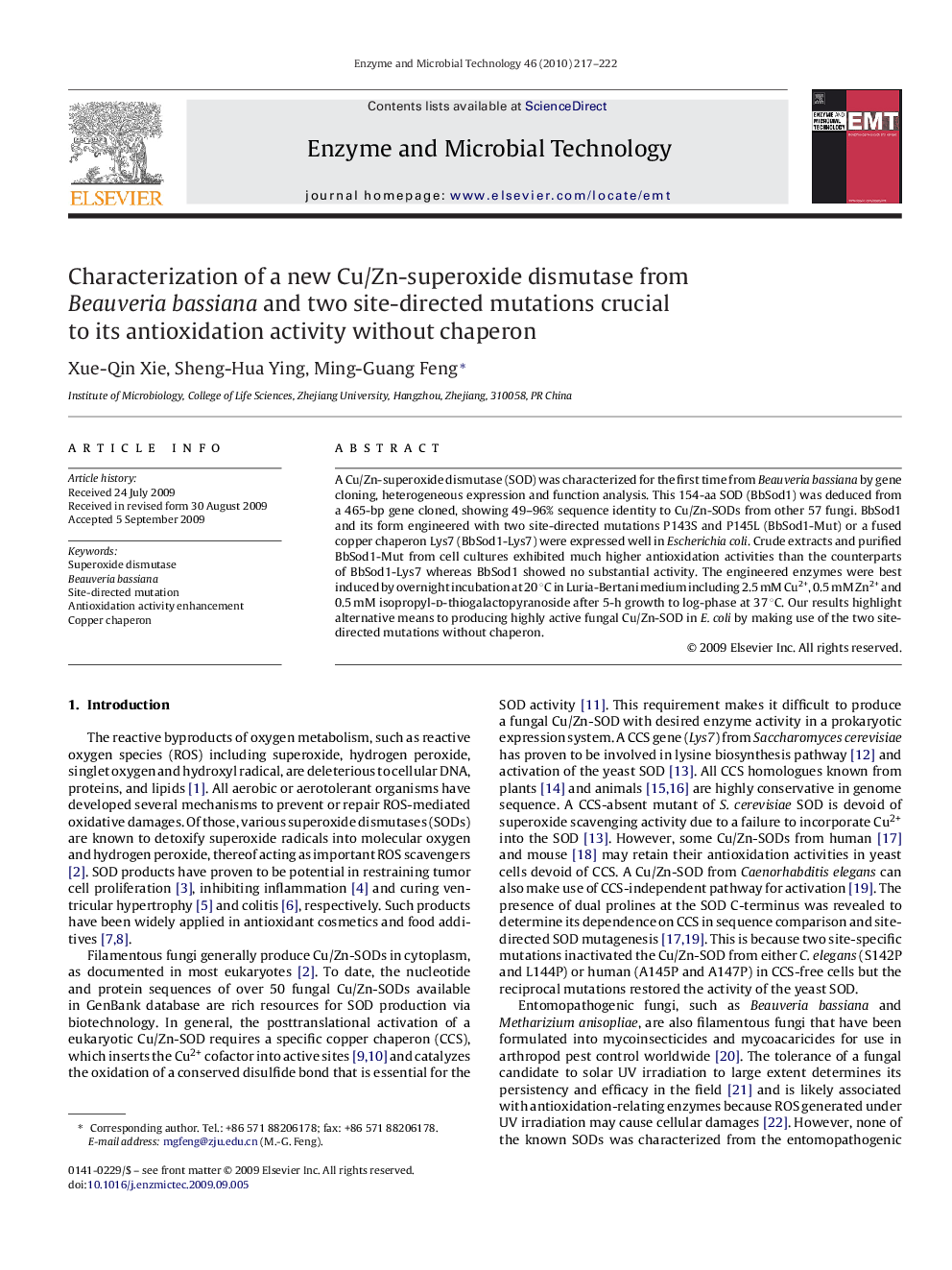 Characterization of a new Cu/Zn-superoxide dismutase from Beauveria bassiana and two site-directed mutations crucial to its antioxidation activity without chaperon