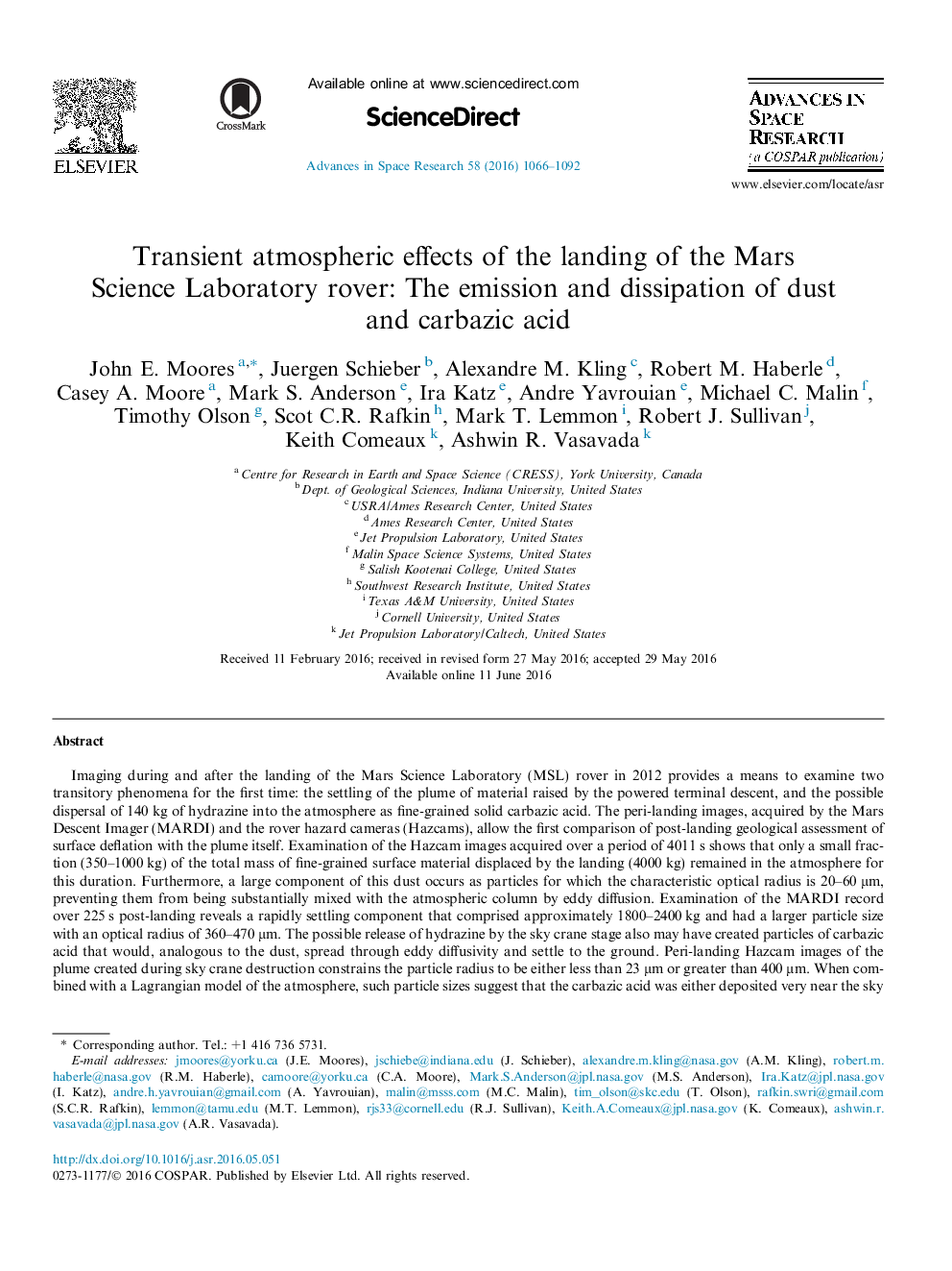 Transient atmospheric effects of the landing of the Mars Science Laboratory rover: The emission and dissipation of dust and carbazic acid