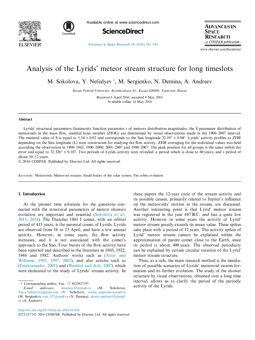 Analysis of the Lyrids’ meteor stream structure for long timeslots