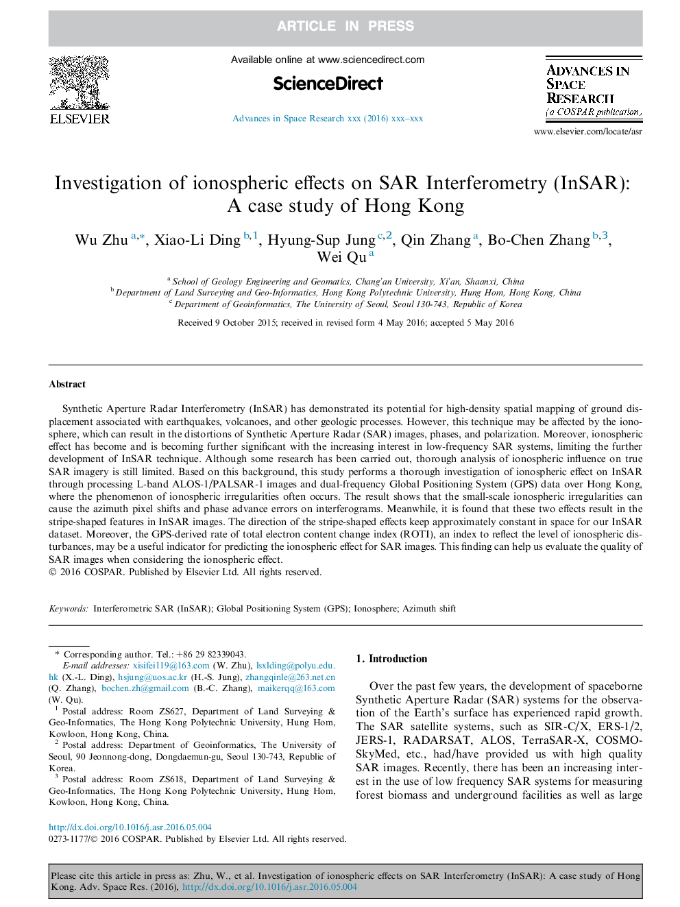 عکس صفحه اول مقاله: Investigation of ionospheric effects on SAR Interferometry (InSAR): A case study of Hong Kong Investigation of ionospheric effects on SAR Interferometry (InSAR): A case study of Hong Kong
