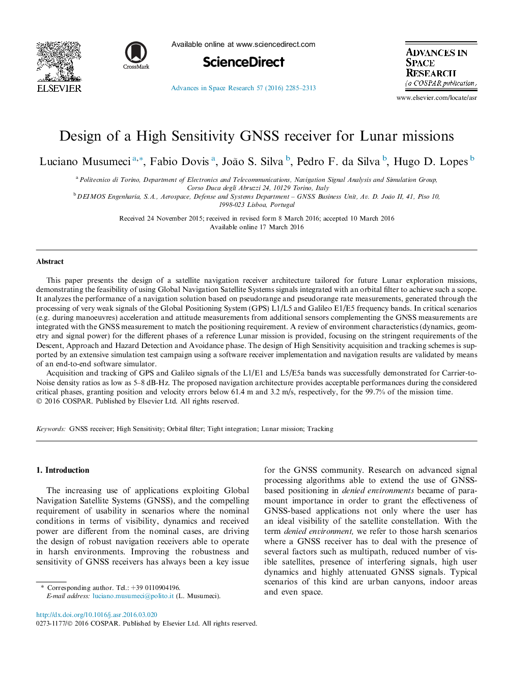 Design of a High Sensitivity GNSS receiver for Lunar missions