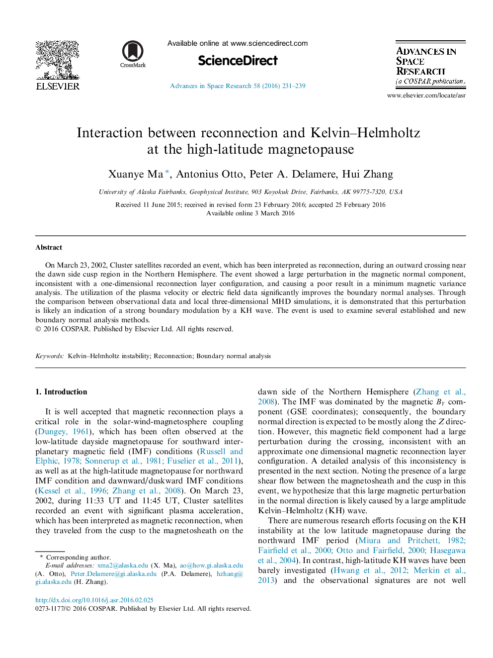 تعامل بین اتصال مجدد و Kelvin-Helmholtz در مغناطیس پائین با عرض جغرافیایی بالا
