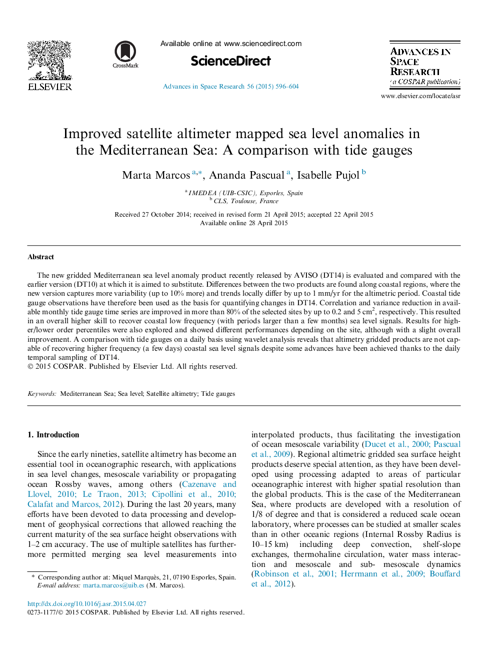 ارتفاع سنج ماهواره ای بهبود یافته، ناهنجاری سطح دریا در دریای مدیترانه را مقایسرده است: مقایسات با سنجنده های جزر و مد 