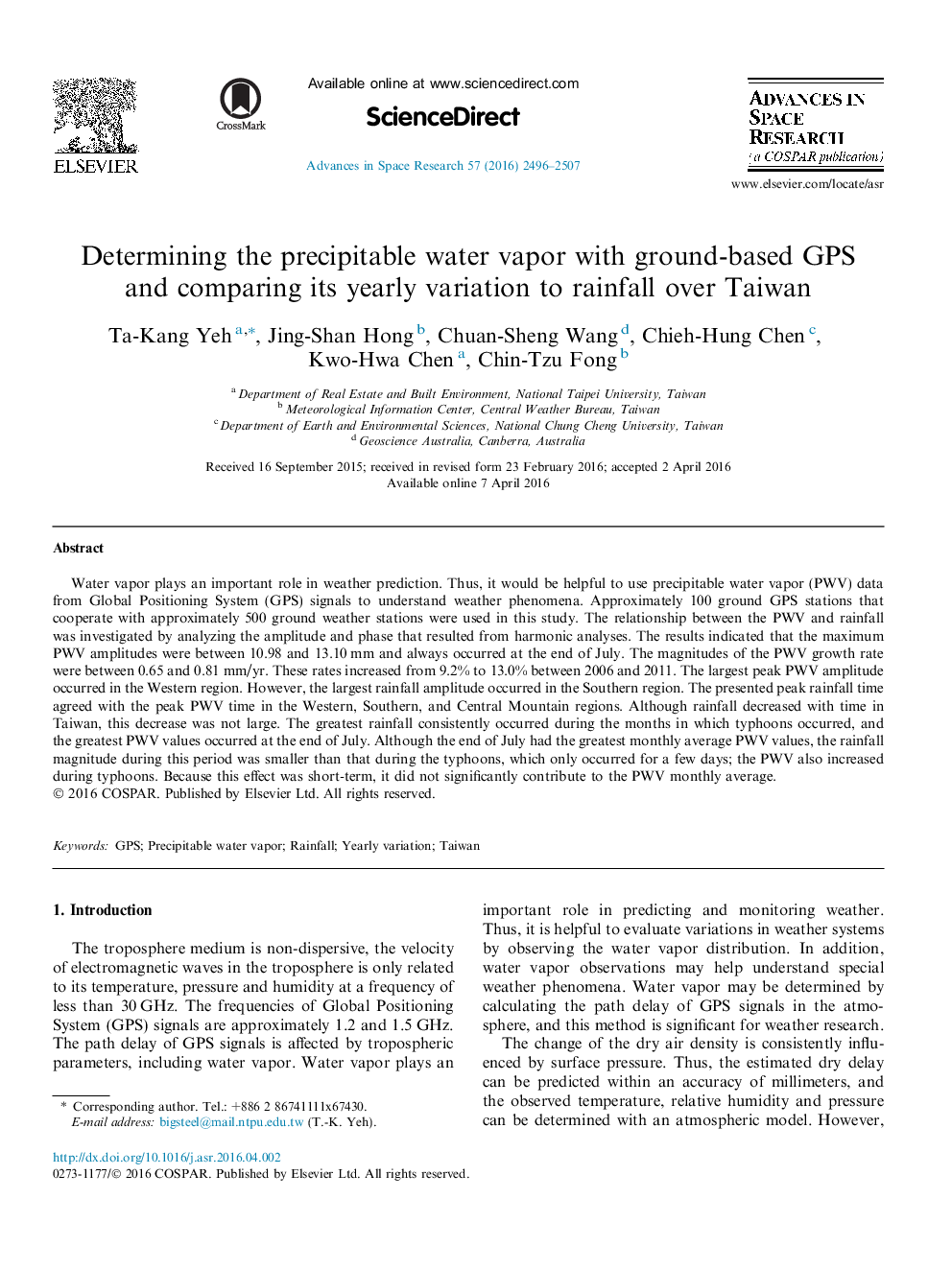 Determining the precipitable water vapor with ground-based GPS and comparing its yearly variation to rainfall over Taiwan