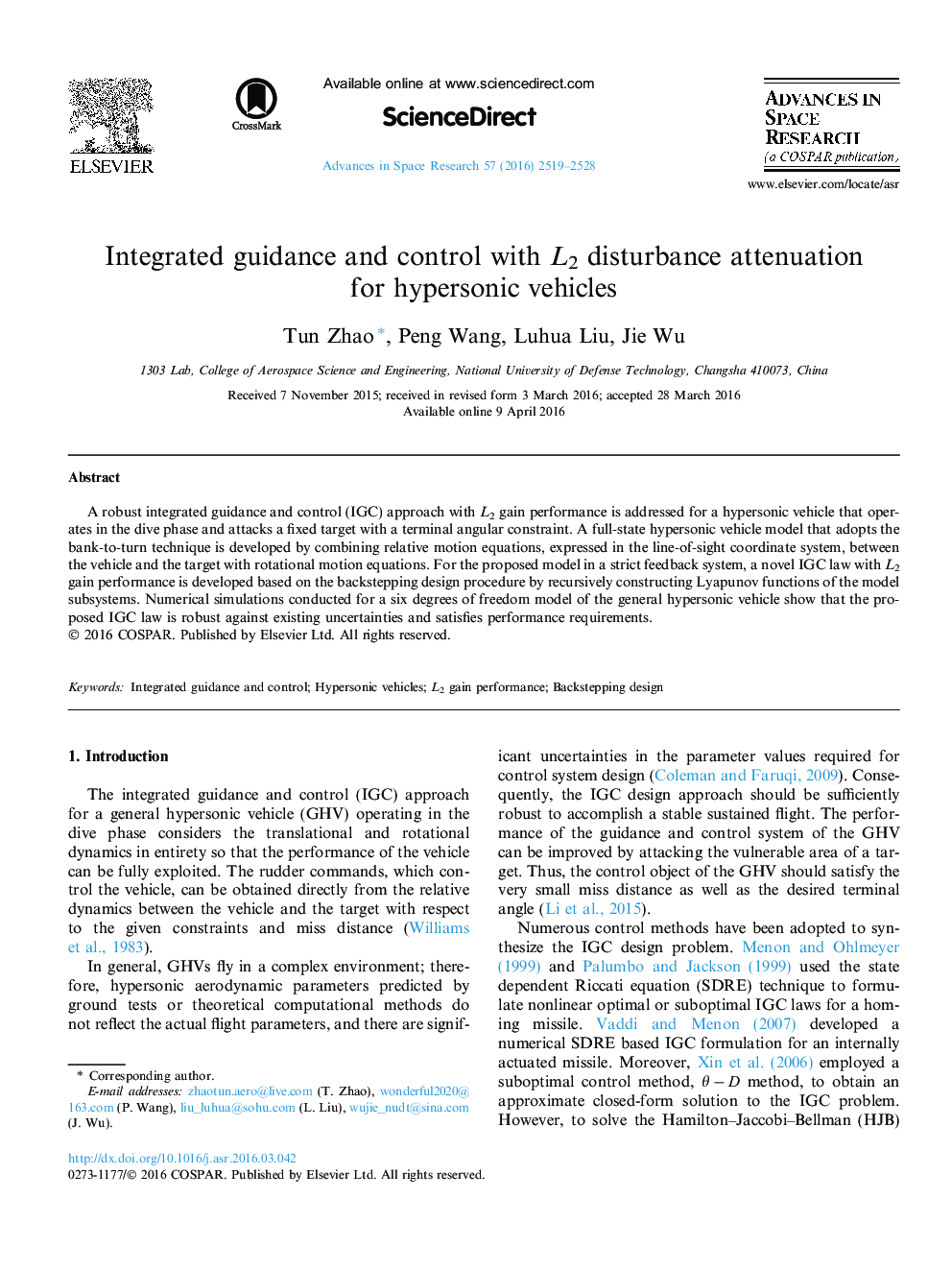 Integrated guidance and control with L2 disturbance attenuation for hypersonic vehicles