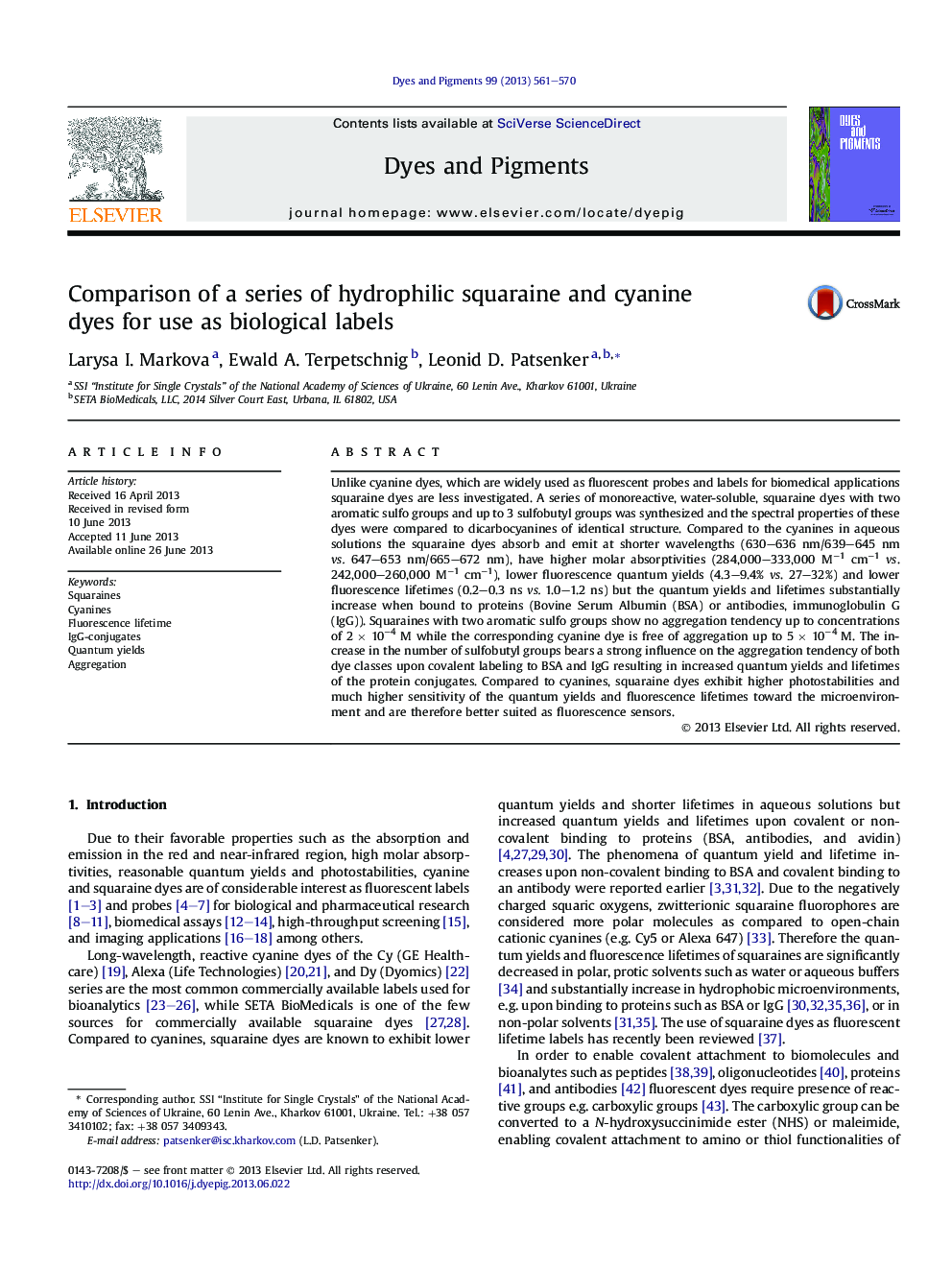 Comparison of a series of hydrophilic squaraine and cyanine dyes for use as biological labels