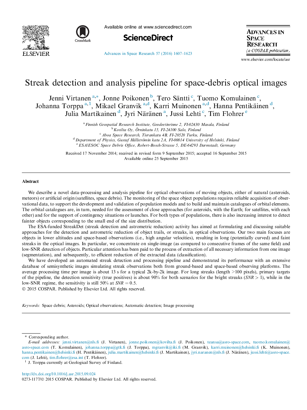 Streak detection and analysis pipeline for space-debris optical images