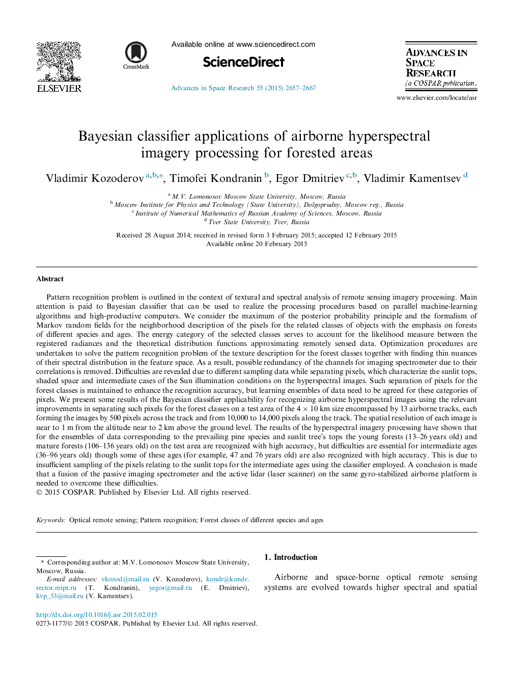 Bayesian classifier applications of airborne hyperspectral imagery processing for forested areas