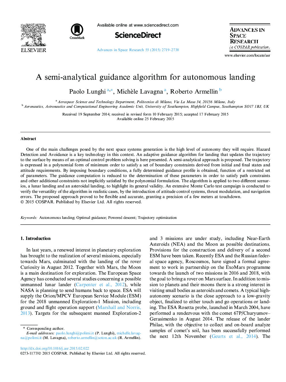 A semi-analytical guidance algorithm for autonomous landing