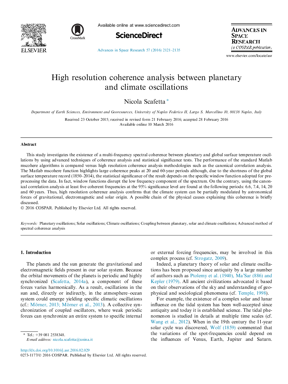 High resolution coherence analysis between planetary and climate oscillations