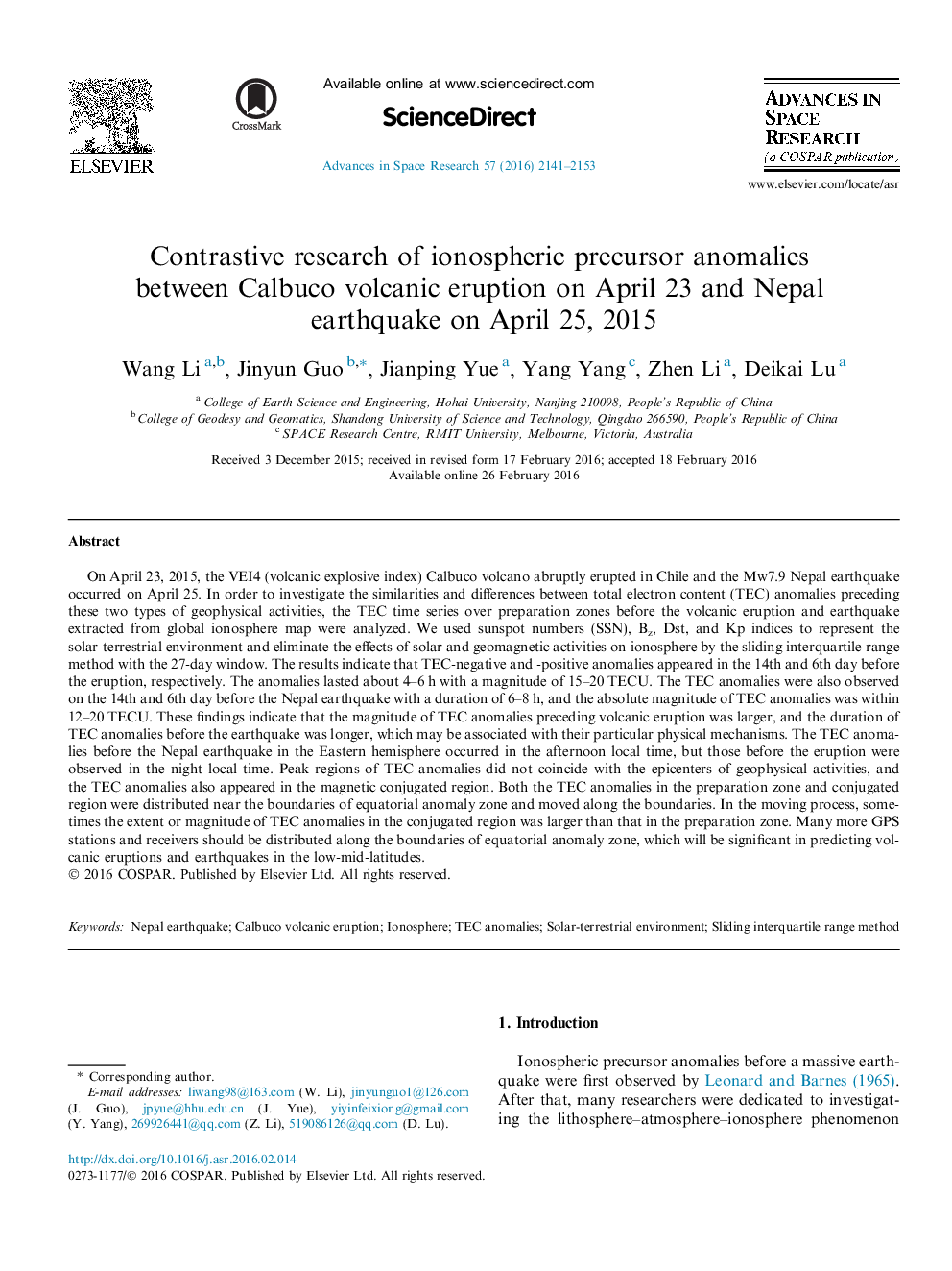 تحقیقات کنتراست ناهنجاری های پیش آگهی یونوسفر در بین فوران آتشفشانی کلبوکو در 23 آوریل و زمین لرزه نپال در 25 آوریل 2015 